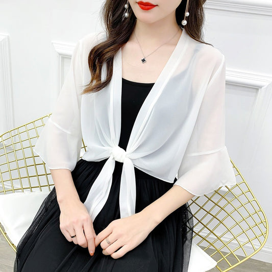 Sunscreen Cardigan Women's Spring and Summer Shawl Outer Blouse Thin Jacket with Sling Skirt Chiffon Small Waistcoat by PDG ibma