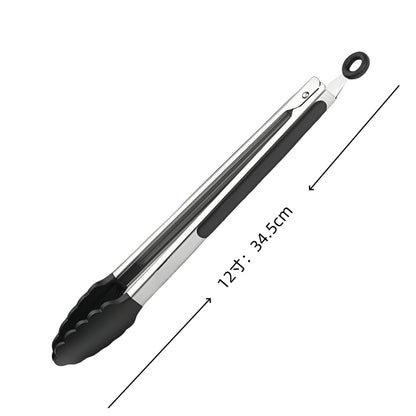 Cross-Border Black Silicone Clips, High Temperature Resistant Kitchen Food Frying Stainless Steel Fried Steak Clips, Special Food Clips for Cooking