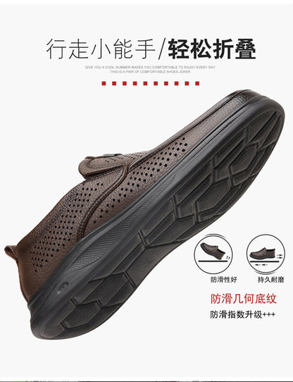 Summer Men's Shoes for Middle-Aged and Elderly People, Genuine Leather Breathable Men's Sandals, Leather Shoes, Soft Soles, Hollow Casual Shoes, Clogs