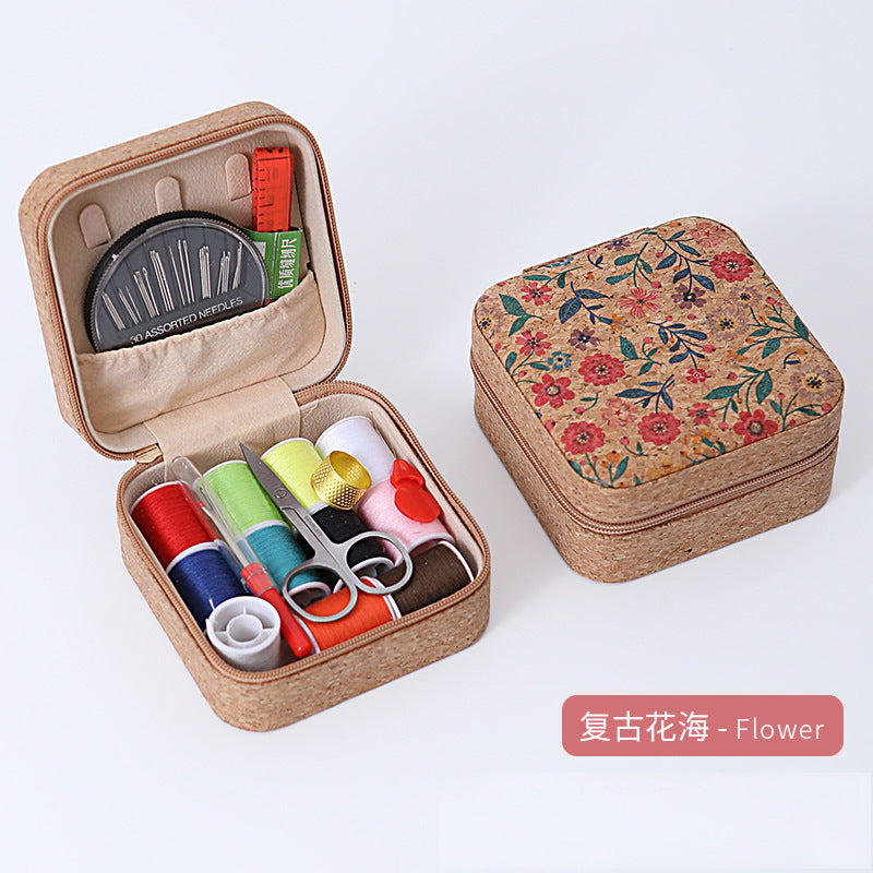 Retro Style Imitation Pu Leather Square Sewing Box Household Sewing and Mending Needle and Thread Set Portable Daily Essential Sewing Kit