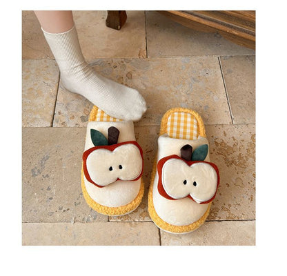 Apple Cute Closed-Toe Plush Cotton Slippers for Women, Winter 2026 New Model, Indoor Home Warm Non-Slip Odor-Resistant