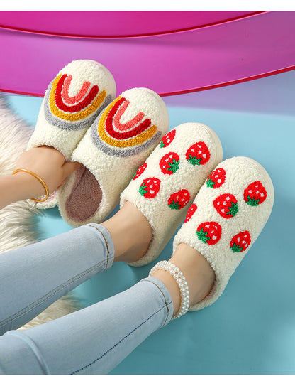 Autumn and Winter Home Cotton Slippers for Women, Cute Printed Plush Soft-Soled Slippers, Indoor Warm, Non-Slip and Comfortable