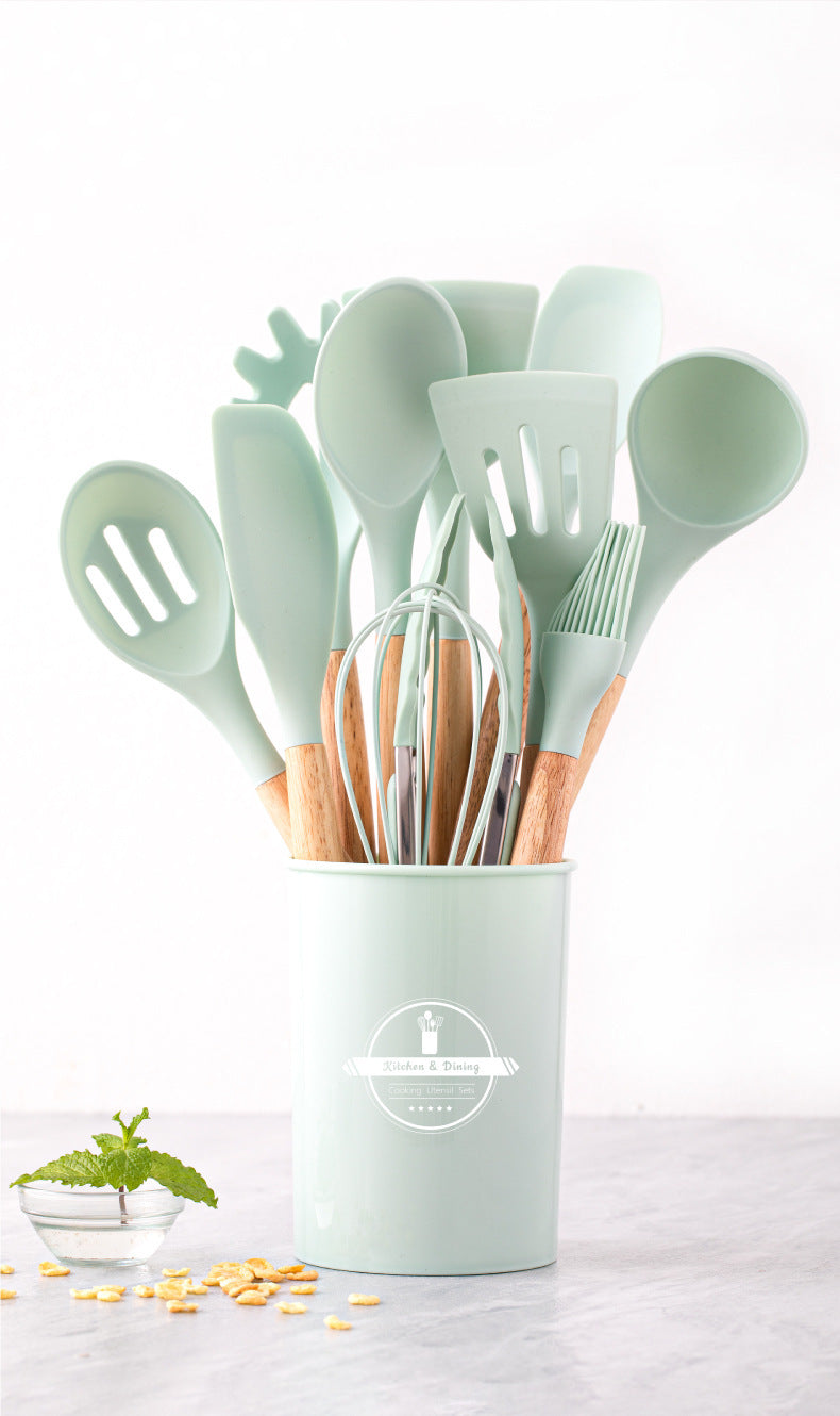 Wholesale Wooden Handle Silicone Kitchenware 12 Pieces suit Household Non-Stick Cooking High Temperature Resistant Cooking Silicone Spoon suit