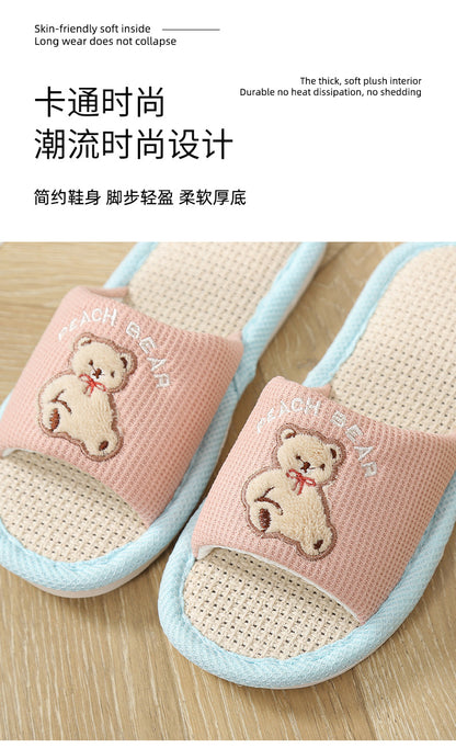Bear Style Indoor Linen Slippers for Women Summer Home Non-Slip Women's Spring & Fall Seasons Fabric Floor Mops