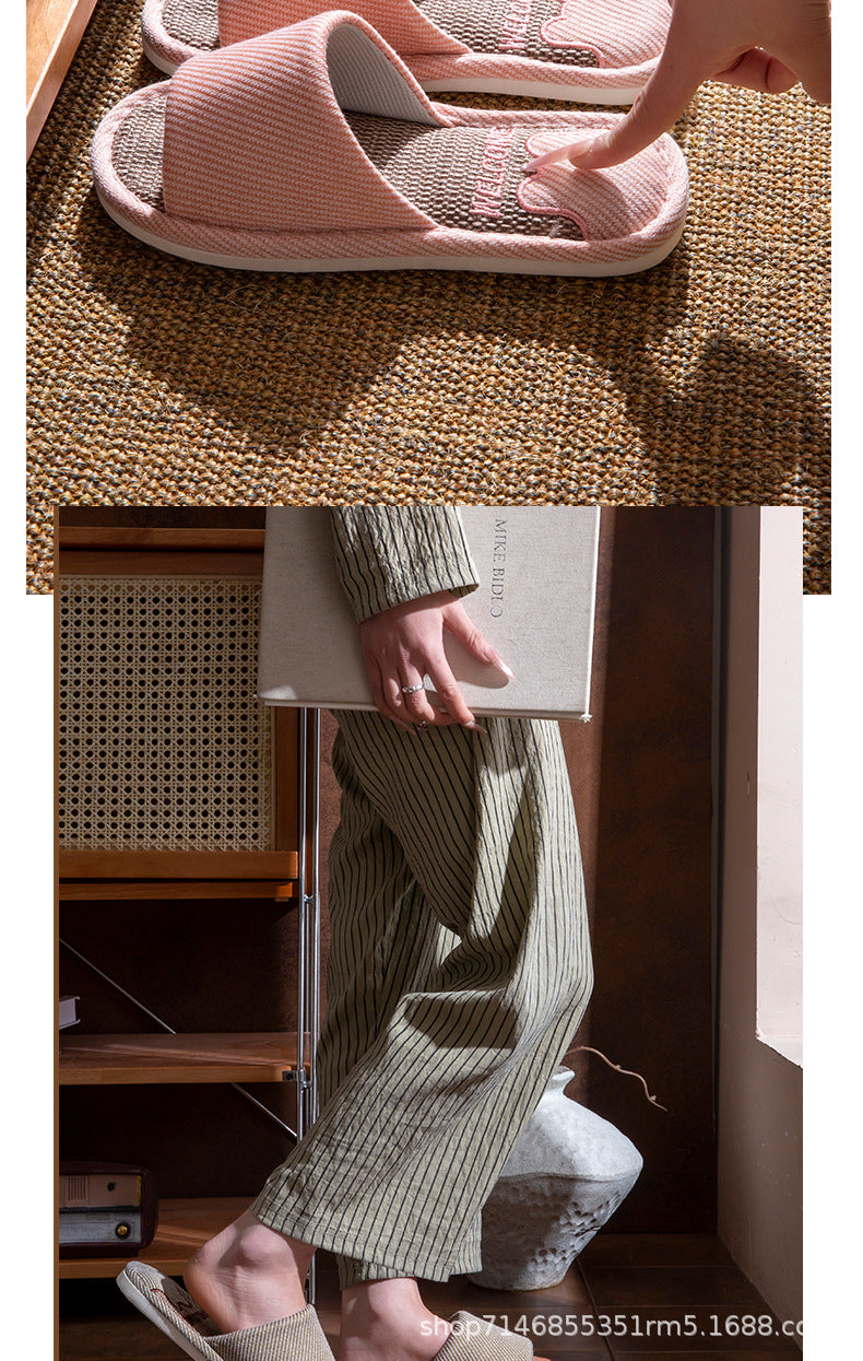 Linen Slippers Men's Breathable Indoor Home Non-slip Soft Bottom Mute Sweat Absorbing Spring and Autumn Four Seasons Foot Bear Floor Slippers