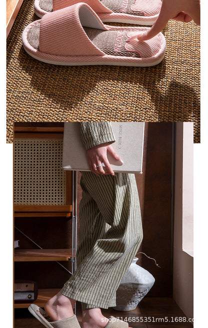 Linen Slippers Men's Breathable Indoor Home Non-slip Soft Bottom Mute Sweat Absorbing Spring and Autumn Four Seasons Foot Bear Floor Slippers