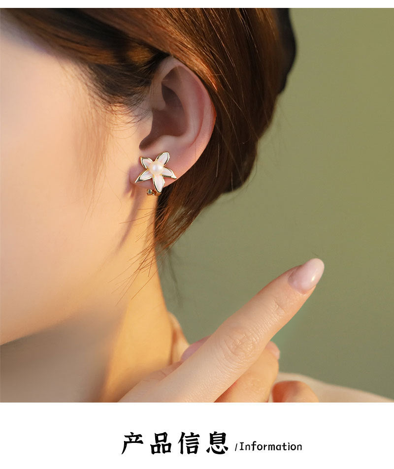 Original Handmade Natural Pearl Five-Petal Cherry Blossom Ear Clip Simple Niche High-End S925 Sterling Silver Earrings Ear Jewelry