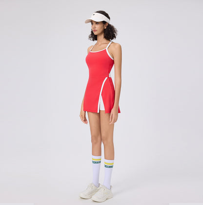 Summer Halter Neck Casual Skin-Friendly Golf Tennis Dress for Women with Built-In Leggings and Tight Fit Pickleball Skirt