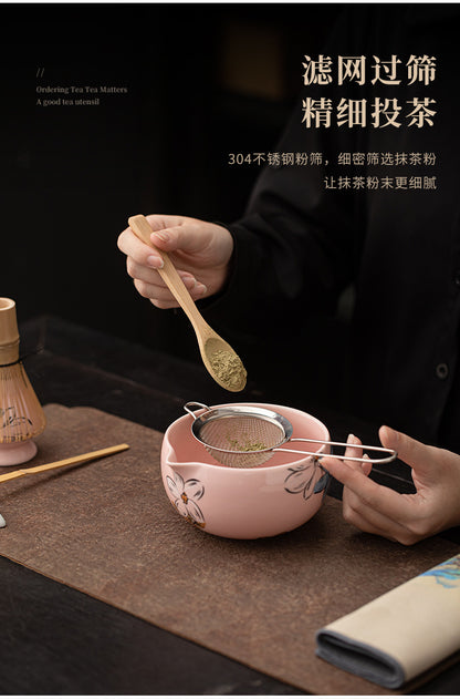 Japanese Tea Ceremony Cherry Blossom Pink Matcha Four-Piece Ceramic Matcha Bowl Tea Whisk Tea Spoon Tea Accessories