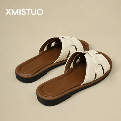 2025 New French Retro Leather Slippers Niche Casual Flat Versatile Slip-On Sandals for Women