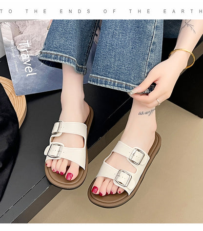 Cross-Border Slippers for Women Summer Flat-Soled Double-Strap Double-Buckle Slippers Southeast Asia New Foreign Trade Fashion Outer Wear Beach Sandals