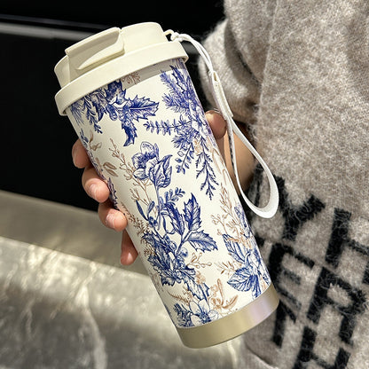 Factory Blue and White Porcelain Stainless Steel Overlord Tea Queen Flower Language Series Coffee Cup Portable Double Drinking Cup with Good Appearance