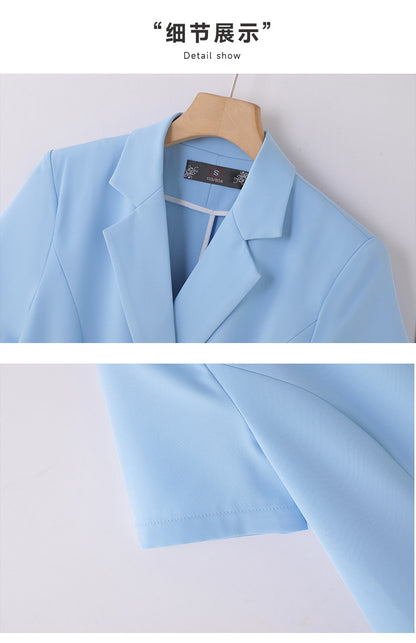 Spring and summer blue short-sleeved dress women's 2025 high-grade double-breasted professional suit collar mid-length skirt