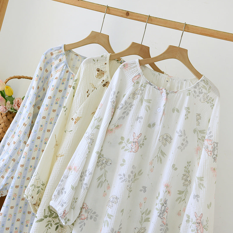 Crewneck Nightdress Women's Pajamas Spring and Autumn Cotton Long-sleeved dress Spring and Summer suit Cartoon Home Clothes for Women