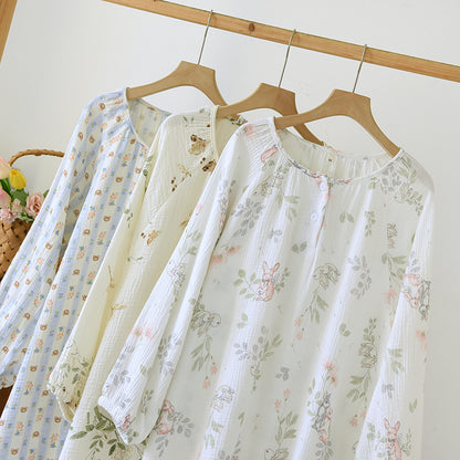 Crewneck Nightdress Women's Pajamas Spring and Autumn Cotton Long-sleeved dress Spring and Summer suit Cartoon Home Clothes for Women