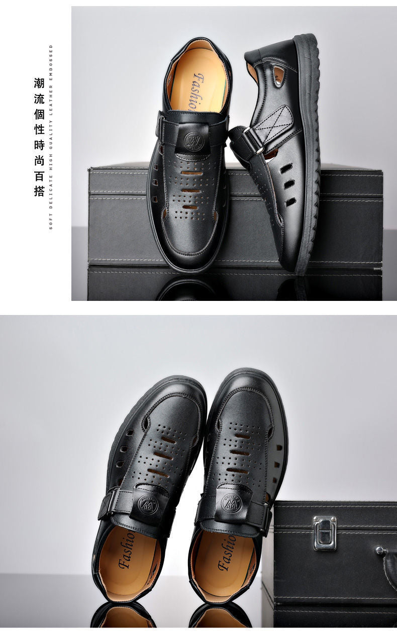 Leather cowhide special clearance shoes hollow leather sandals men's casual hole shoes middle-aged business dad shoes