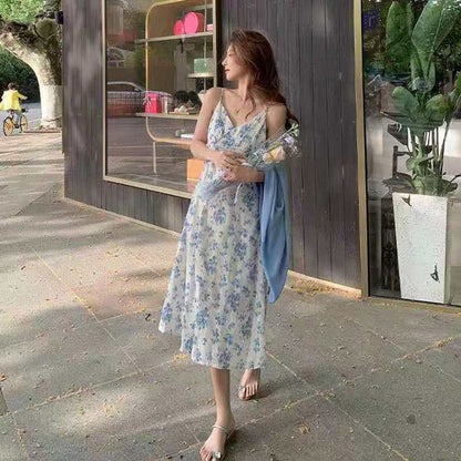 2025 Summer Women's Floral Dress Short Tall French Style V-Neck Strap Casual Dress