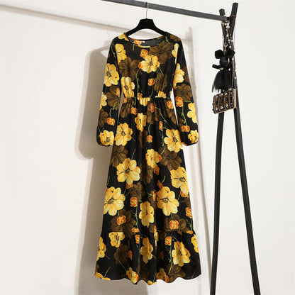 Cross-border Foreign Trade Floral Chiffon Long Dress Women's Spring Dress Long Sleeve Crewneck Base Skirt Waist Slim Long Dress