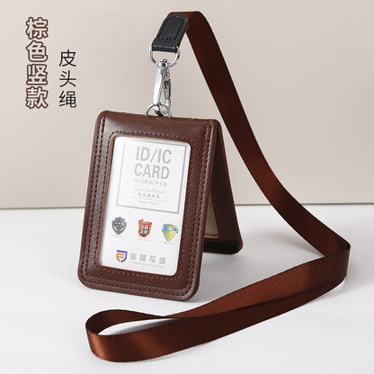 Work Card Case Detached Double Card Position Genuine Leather Folding Card Case Chest Card Lanyard Access Control Card Student School Card Rice