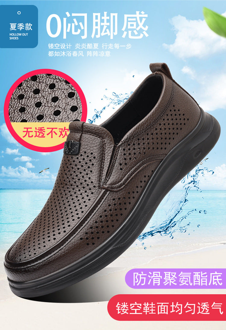 Summer Men's Shoes for Middle-Aged and Elderly People, Genuine Leather Breathable Men's Sandals, Leather Shoes, Soft Soles, Hollow Casual Shoes, Clogs