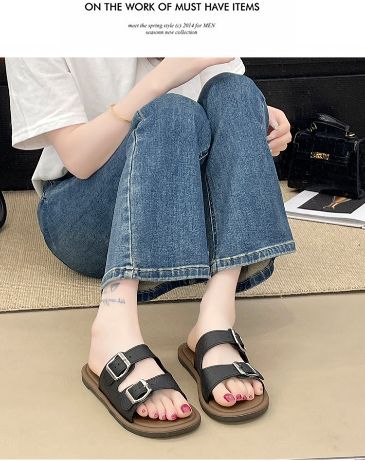 Cross-Border Slippers for Women Summer Flat-Soled Double-Strap Double-Buckle Slippers Southeast Asia New Foreign Trade Fashion Outer Wear Beach Sandals