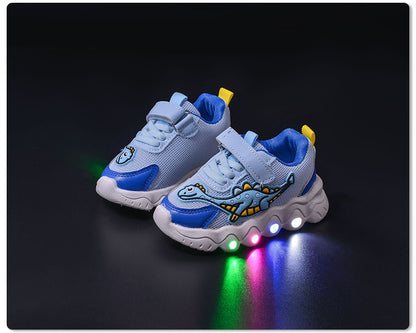 Spring New Style Dinosaur Led Light Sneakers for Boys and Girls Spring & Fall New Mesh Breathable Casual Light Shoes for Children and Middle-Aged Children