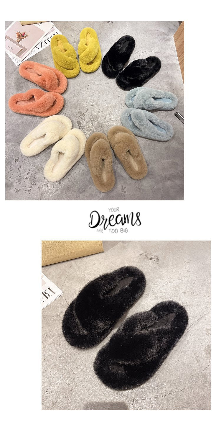 Foreign Trade Furry Slippers for Women 2025 Autumn and Winter New Korean Style Lazy Outer Wear Cross Thick-Soled Open-Toe Slippers for Outer Wear