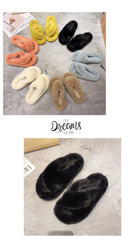 Foreign Trade Furry Slippers for Women 2025 Autumn and Winter New Korean Style Lazy Outer Wear Cross Thick-Soled Open-Toe Slippers for Outer Wear