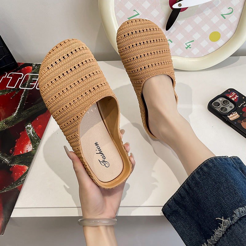 New Foreign Trade French Niche Hollow Toe Half Slippers for Women Summer Cross-Border Wear Roman Style Soft-Soled Mule Shoes