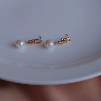 Natural Alien Baroque Freshwater Pearl Earrings Silver Needle Plated 14K Gold Horseshoe Chain Earrings Personalized Fashion Earrings