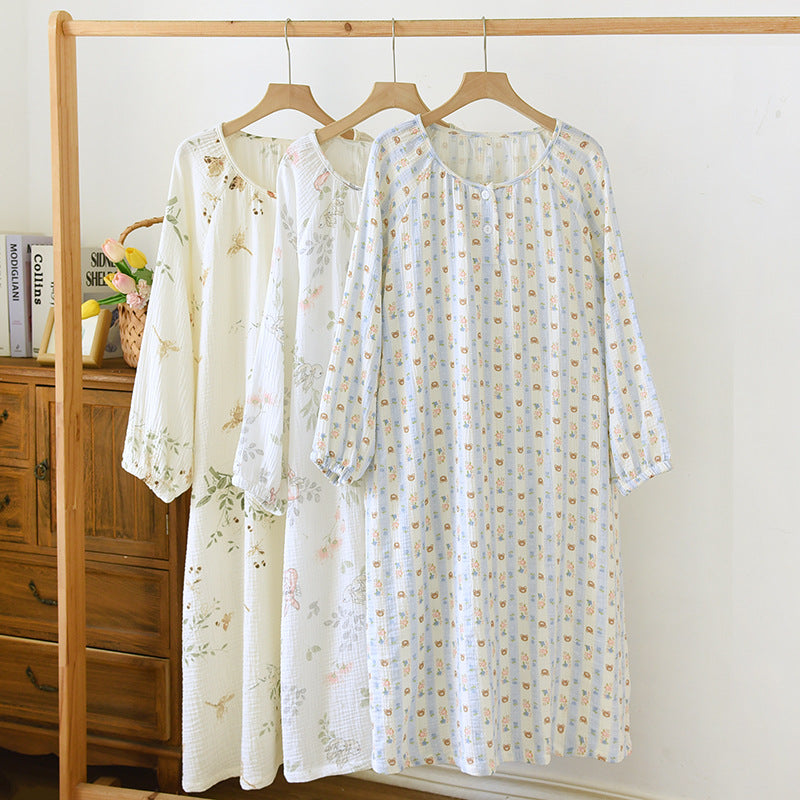 Crewneck Nightdress Women's Pajamas Spring and Autumn Cotton Long-sleeved dress Spring and Summer suit Cartoon Home Clothes for Women