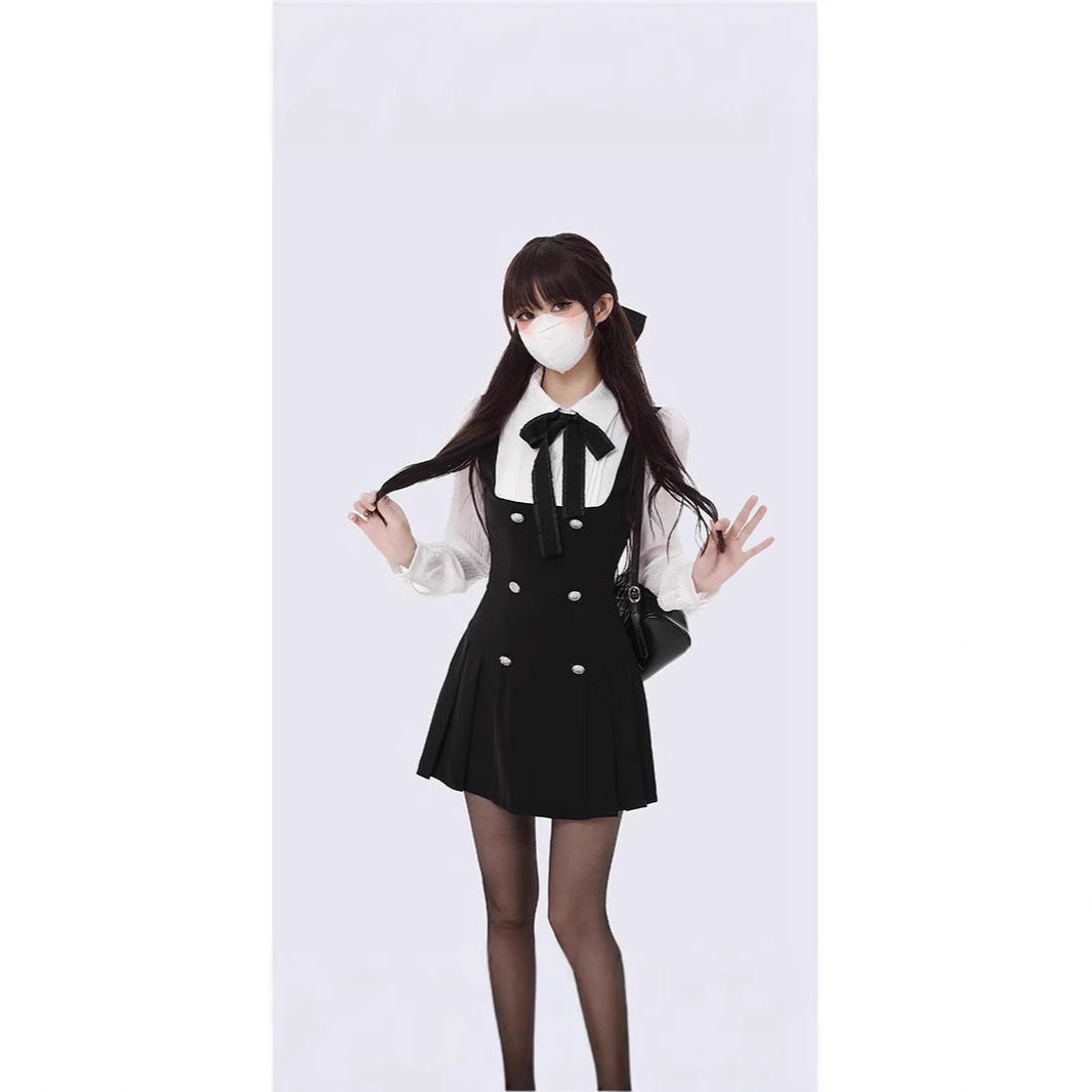 French dress Autumn Fake Two-piece Long-sleeved Slim 2025 New College Style Bow Fake Two-piece dress