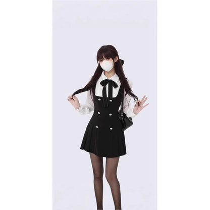 French dress Autumn Fake Two-piece Long-sleeved Slim 2025 New College Style Bow Fake Two-piece dress