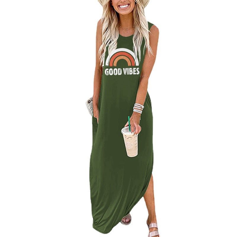 Spot Amazon Independent Station Ebay Women's Dress Good Vibes Rainbow Flap Pocket Pants Casual Sleeveless Long Skirt