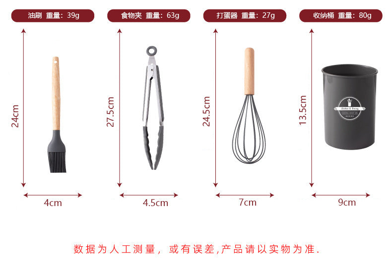 Wholesale Wooden Handle Silicone Kitchenware 12 Pieces suit Household Non-Stick Cooking High Temperature Resistant Cooking Silicone Spoon suit