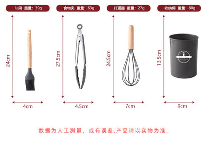 Wholesale Wooden Handle Silicone Kitchenware 12 Pieces suit Household Non-Stick Cooking High Temperature Resistant Cooking Silicone Spoon suit