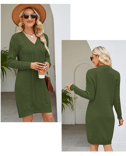 Cross-Border European and American Clothing Pure Color V Neck Long Sweater Dress Autumn and Winter Fashion Elegant Cable Bottoming Knitted Dress