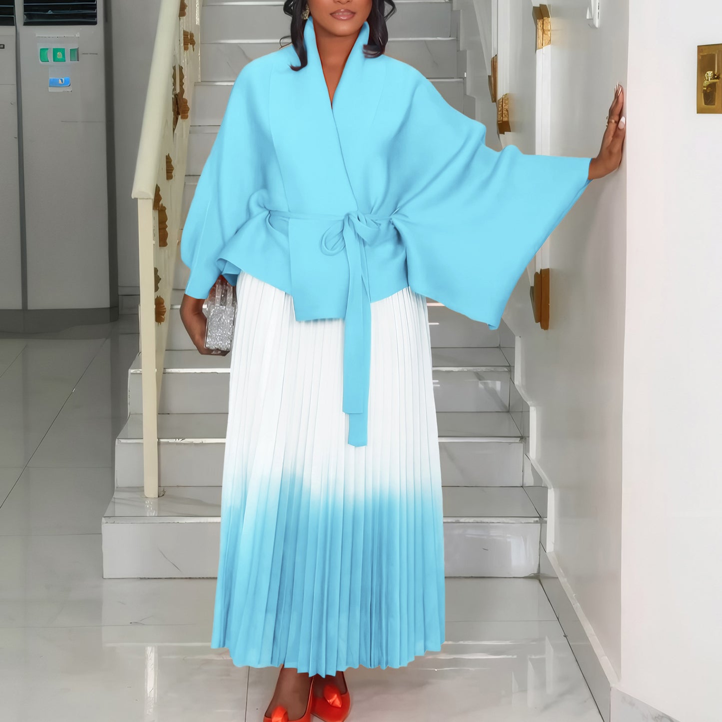 C8610 African plus size Women's Spring New Fashion Strap Bat Sleeve Top Gradient Color-changing Skirt Two-piece Set
