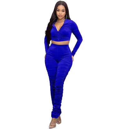 F185 European and American Women's Clothing Amazon Spring Two-piece Korean Velvet Solid Color Long Sleeve Navel Pleated Sports Suit