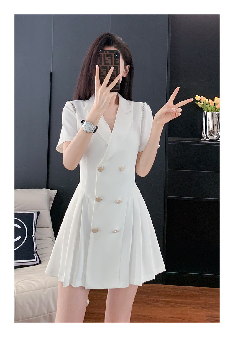 French Hepburn Style Small Black Dress High Sense High Cold Royal Sister Fried Street Small Fragrance Style Pleated Professional Suit dress Summer