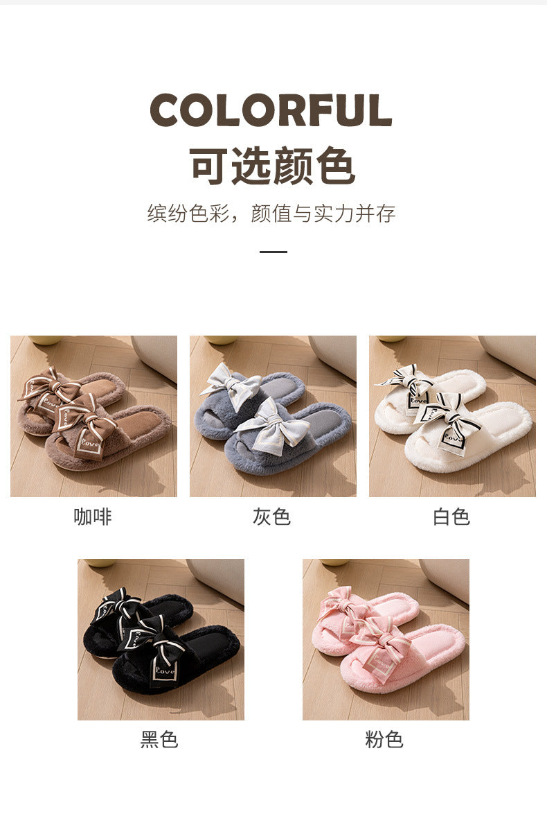 Foreign Trade Cross-Border Open-Toe Furry Bow Women's Indoor Home Wooden Floor Four-Season Furry Slippers
