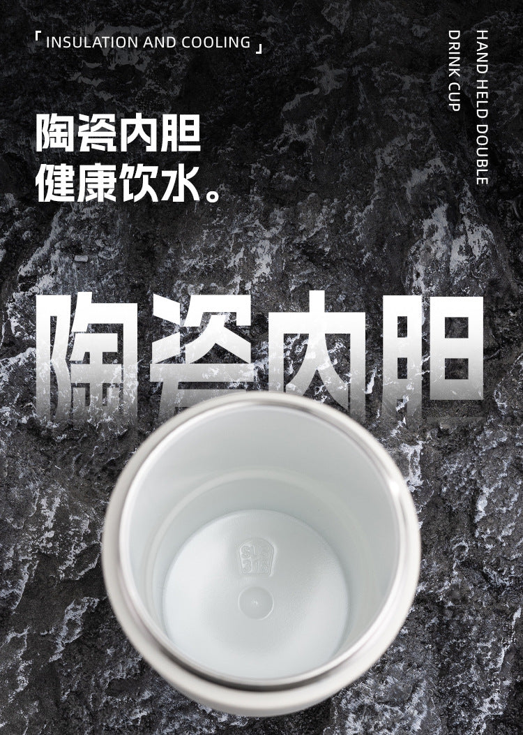 Cross-border high-value 316 stainless steel thermos cup large-capacity double-drink ceramic liner car cup portable handle cup