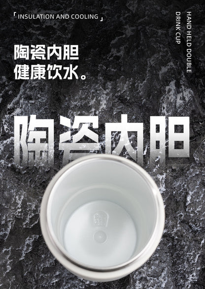 Cross-border high-value 316 stainless steel thermos cup large-capacity double-drink ceramic liner car cup portable handle cup