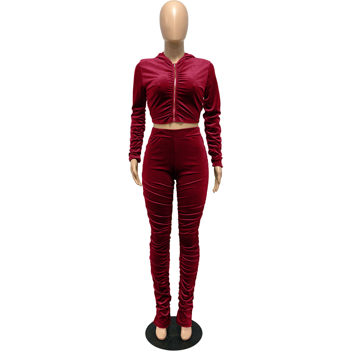 F185 European and American Women's Clothing Amazon Spring Two-piece Korean Velvet Solid Color Long Sleeve Navel Pleated Sports Suit
