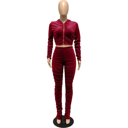 F185 European and American Women's Clothing Amazon Spring Two-piece Korean Velvet Solid Color Long Sleeve Navel Pleated Sports Suit