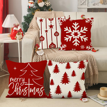 Christmas Pillow Case Red Christmas Tree Snowflake Printed Pillow Case Holiday Sofa Decorative Cushion Cover Wholesale