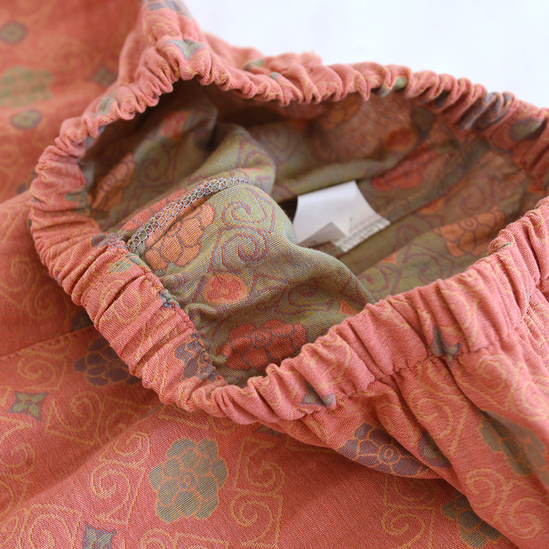 Yarn-dyed cotton pajamas women's summer short-sleeved printed summer retro loose home wear three-piece set can be worn outside