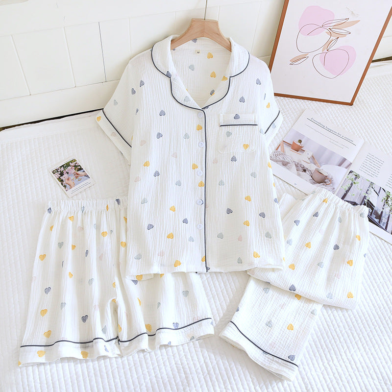 Various Style Spring and Summer Cotton Crepe Pajamas Sweet Three-Piece Short-Sleeved Trousers Spring and Autumn Loose Casual suit