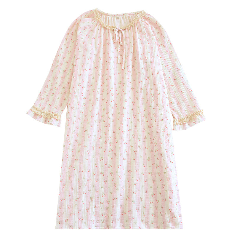 Spring and Summer Long Sleeve Round Neck Lace Sweet Long Dress Women's Thin Cotton Loose Outer Wear Small Floral Home Dress