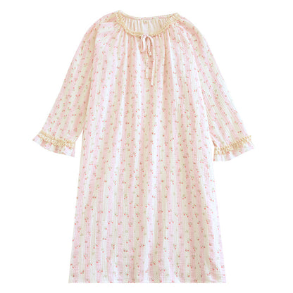 Spring and Summer Long Sleeve Round Neck Lace Sweet Long Dress Women's Thin Cotton Loose Outer Wear Small Floral Home Dress